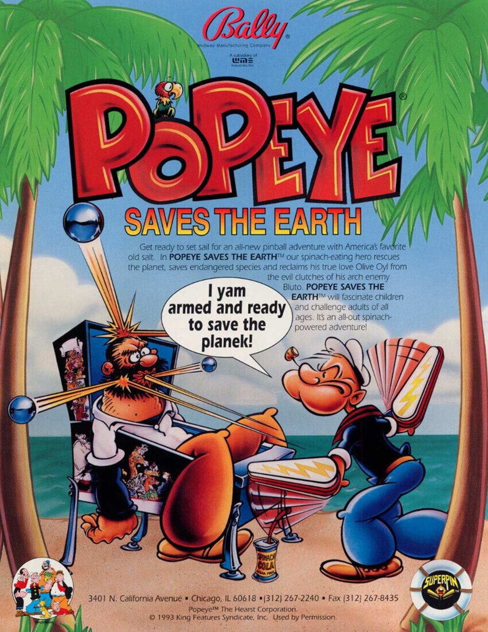 Popeye Saves The Earth Pinball Flyer Brochure Original NOS 1994 Sailor Foldout